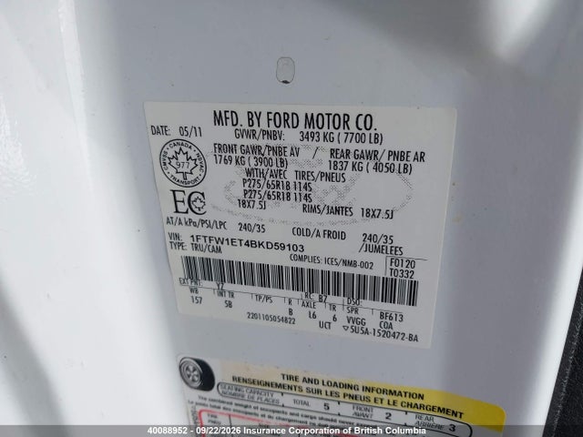 Aukcja sprzedaży 2011 Ford F150, vin: 1FTFW1ET4BKD59103, numer aukcji: 40088952