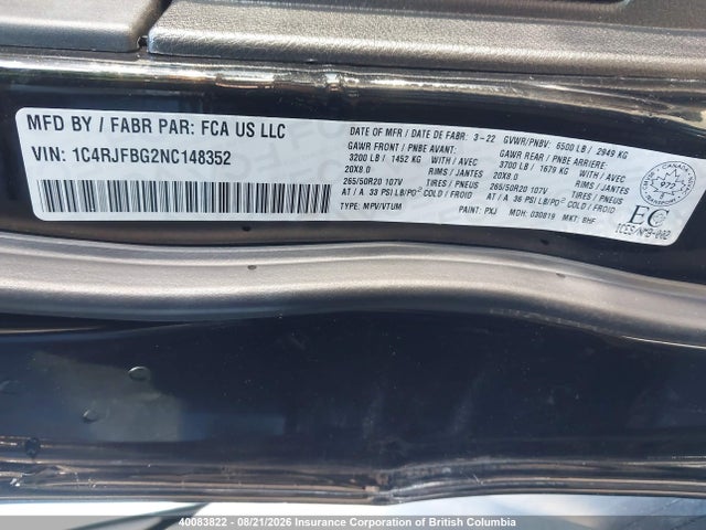 1C4RJFBG2NC148352 Jeep Grand Cherokee Wk Limited X