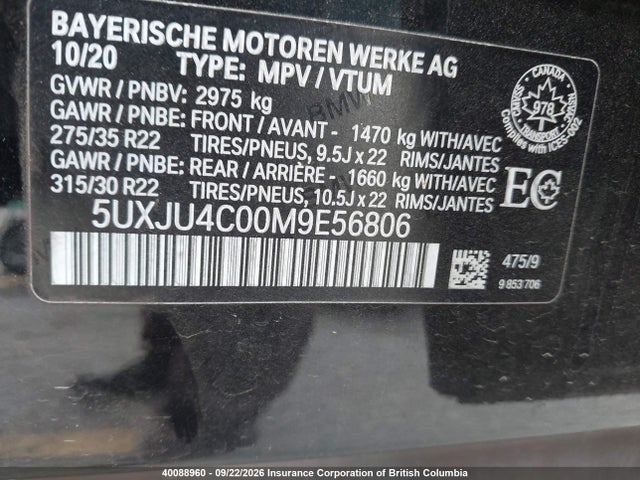 Aukcja sprzedaży 2021 Bmw X5 M50i, vin: 5UXJU4C00M9E56806, numer aukcji: 40088960