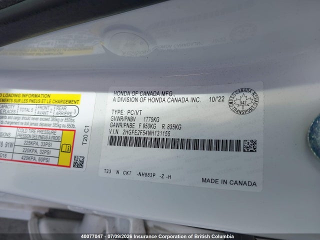 2HGFE2F54NH131155 Honda Civic Sport