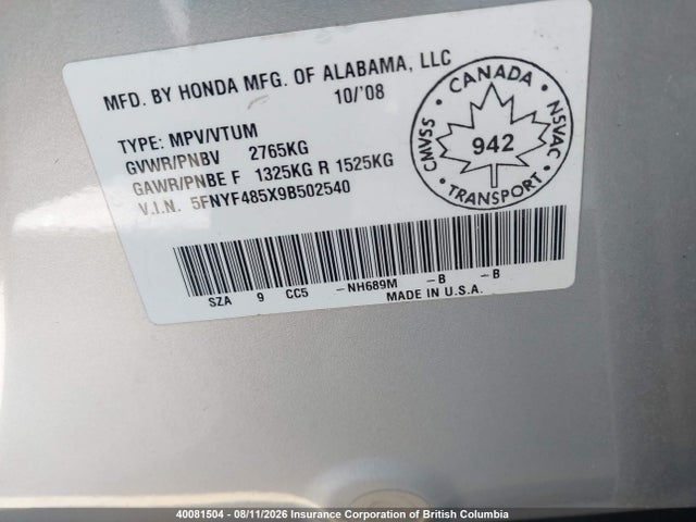 40081504 :رقم المزاد ، 5FNYF485X9B502540 vin ، 2009 Honda Pilot Exl مزاد بيع