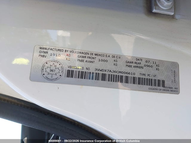 Продажа на аукционе авто 2012 Volkswagen Jetta, vin: 3VWDX7AJ6CM006610, номер лота: 40089001