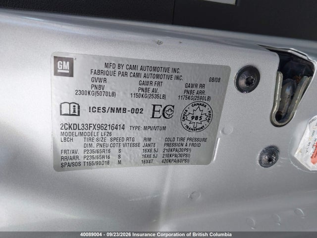 2009 Pontiac Torrent მანქანა იყიდება აუქციონზე, vin: 2CKDL33FX96216414, აუქციონის ნომერი: 40089004