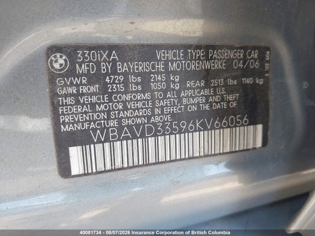 2006 Bmw 330 Xi მანქანა იყიდება აუქციონზე, vin: WBAVD33596KV66056, აუქციონის ნომერი: 40081734