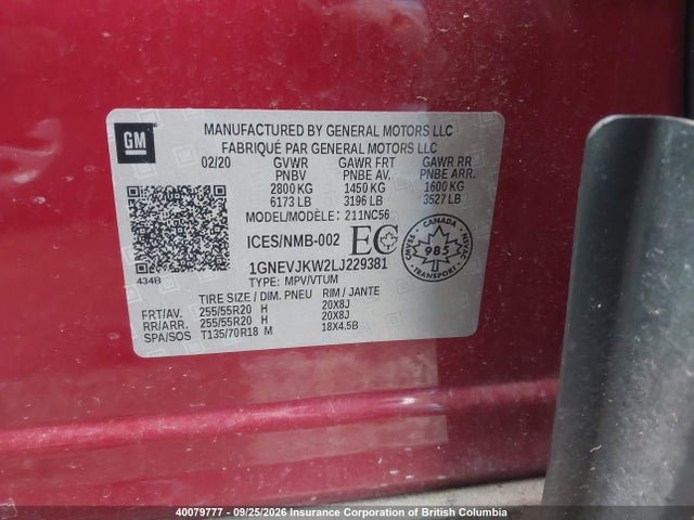 1GNEVJKW2LJ229381 Chevrolet Traverse Rs