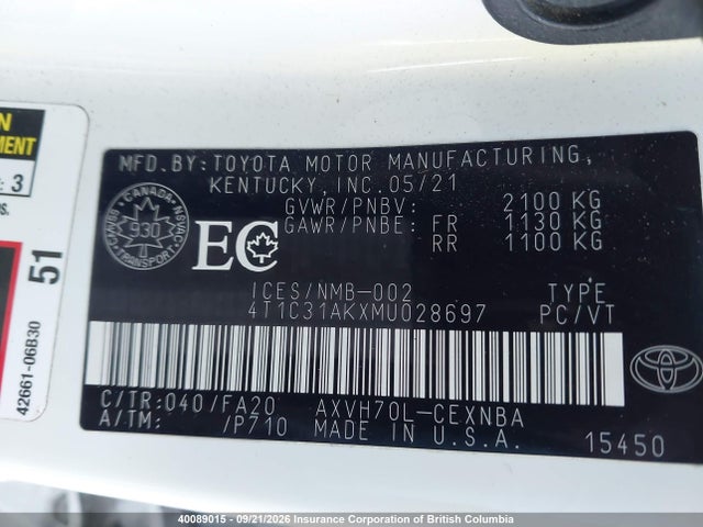 Продаж на аукціоні авто 2021 Toyota Camry, vin: 4T1C31AKXMU028697, номер лоту: 40089015