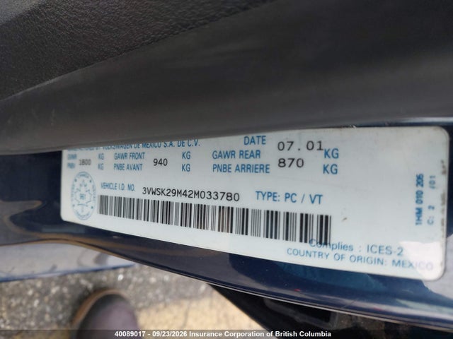 Aukcja sprzedaży 2002 Volkswagen Jetta, vin: 3VWSK29M42M033780, numer aukcji: 40089017