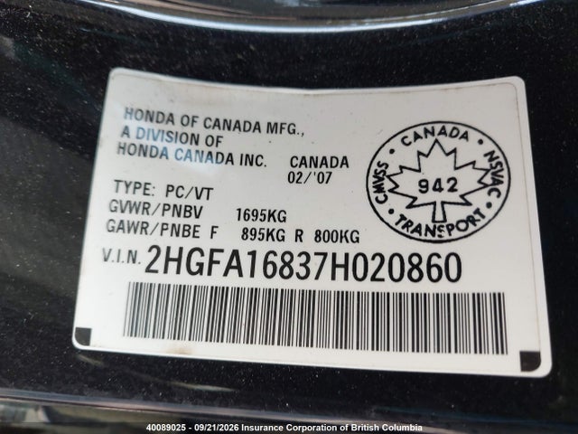 Aukcja sprzedaży 2007 Honda Civic, vin: 2HGFA16837H020860, numer aukcji: 40089025