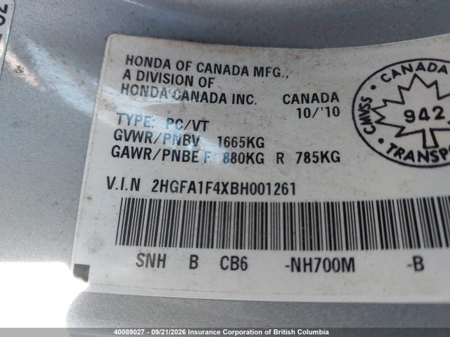 Aukcja sprzedaży 2011 Honda Civic, vin: 2HGFA1F4XBH001261, numer aukcji: 40089027