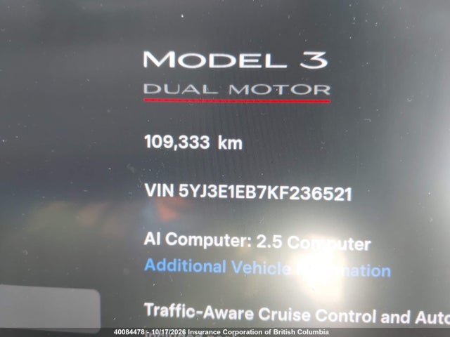 5YJ3E1EB7KF236521 Tesla MODEL 3