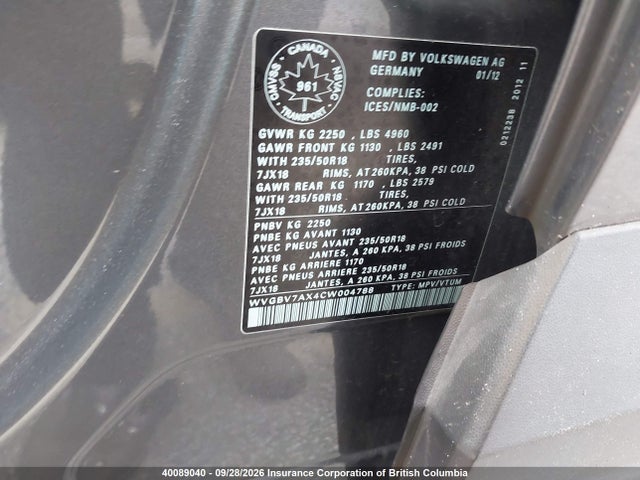 Продажа на аукционе авто 2012 Volkswagen Tiguan 2.0 Tsi Comfortline/2.0 Tsi Highline/2.0 Tsi Trendline, vin: WVGBV7AX4CW004788, номер лота: 40089040