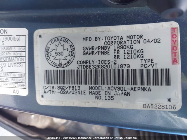 Продаж на аукціоні авто 2002 Toyota Camry Le/xle/se, vin: JTDBE32K820101879, номер лоту: 40087413