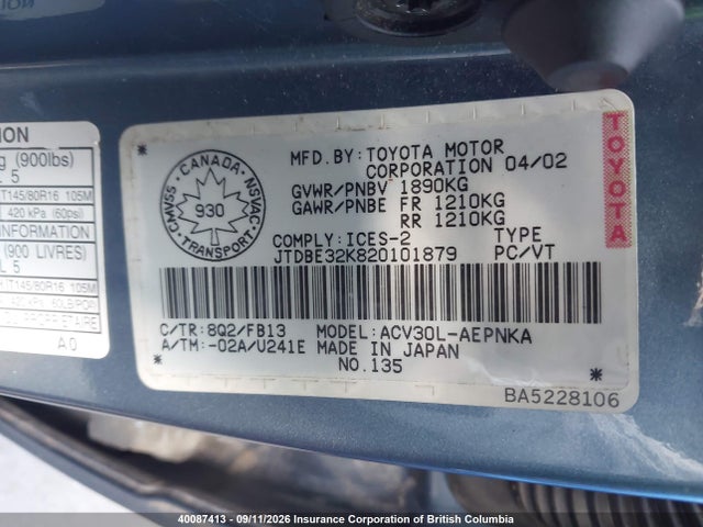Продаж на аукціоні авто 2002 Toyota Camry Le/xle/se, vin: JTDBE32K820101879, номер лоту: 40087413