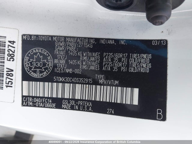 Продажа на аукционе авто 2013 Toyota Sienna Le, vin: 5TDKK3DC4DS352915, номер лота: 40089051