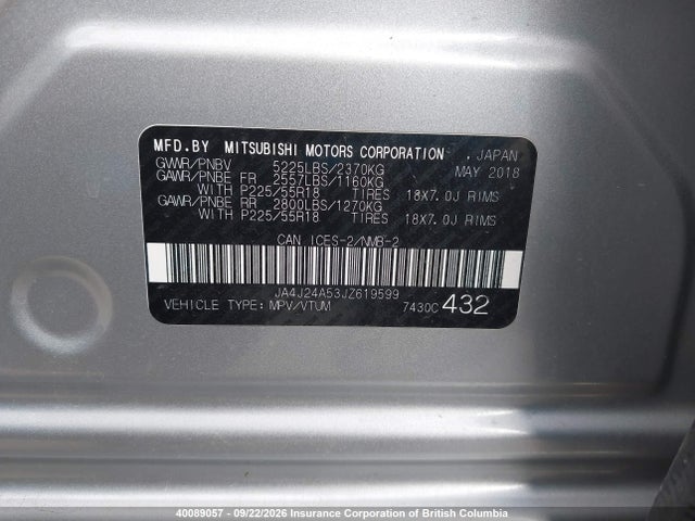 40089057 :رقم المزاد ، JA4J24A53JZ619599 vin ، 2018 Mitsubishi Outlander Phev Gt/se مزاد بيع
