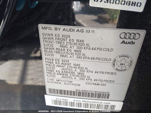 40089064 :رقم المزاد ، WA1MMCFE7BD009035 vin ، 2011 Audi Q7 مزاد بيع