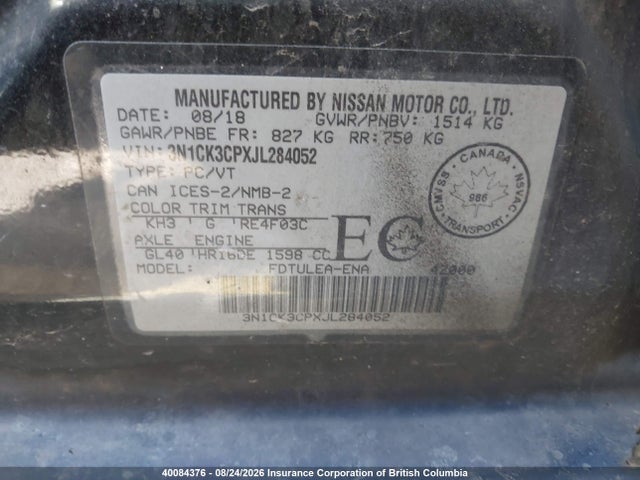 Aukcja sprzedaży 2018 Nissan Micra, vin: 3N1CK3CPXJL284052, numer aukcji: 40084376
