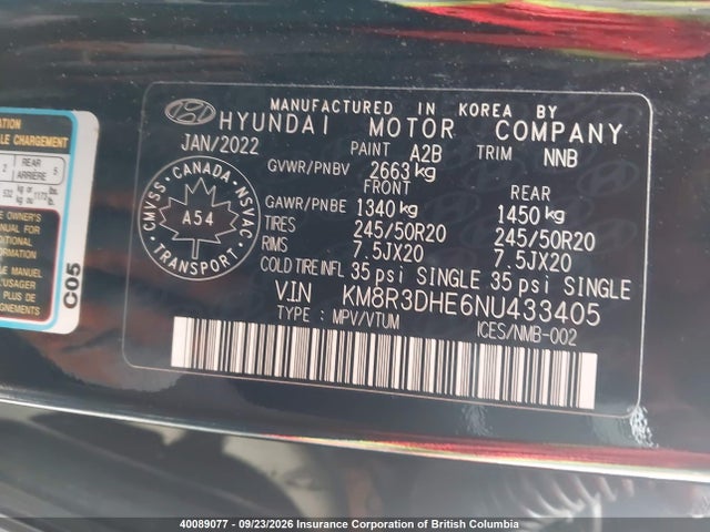40089077 :رقم المزاد ، KM8R3DHE6NU433405 vin ، 2022 Hyundai Palisade Luxury 7-passenger Seating مزاد بيع