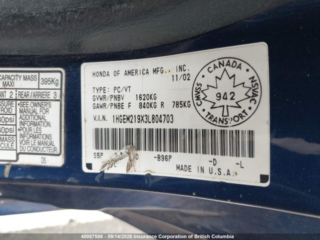 Aukcja sprzedaży 2003 Honda Civic Ex, vin: 1HGEM219X3L804703, numer aukcji: 40087586
