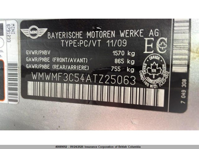40089092 :رقم المزاد ، WMWMF3C54ATZ25063 vin ، 2010 Mini Cooper مزاد بيع