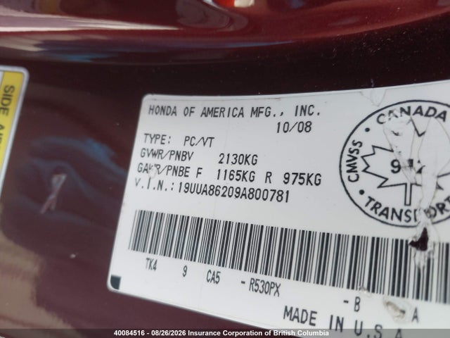 40084516 :رقم المزاد ، 19UUA86209A800781 vin ، 2009 Acura Tl مزاد بيع