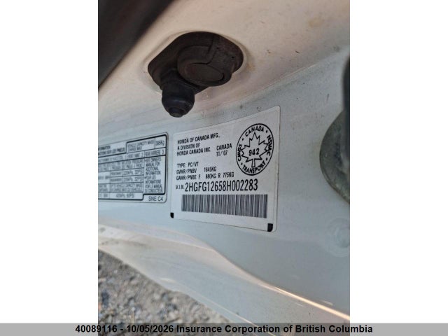 40089116 :رقم المزاد ، 2HGFG12658H002283 vin ، 2008 Honda Civic مزاد بيع