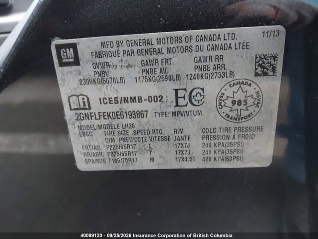 Chevrolet EQUINOX 1LT 2014 2GNFLFEK0E6193867 Image 9
