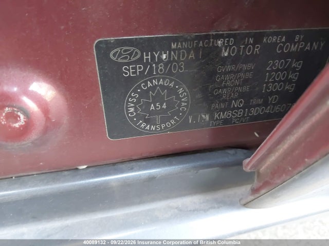 2004 Hyundai Santa Fe მანქანა იყიდება აუქციონზე, vin: KM8SB13D04U607808, აუქციონის ნომერი: 40089132
