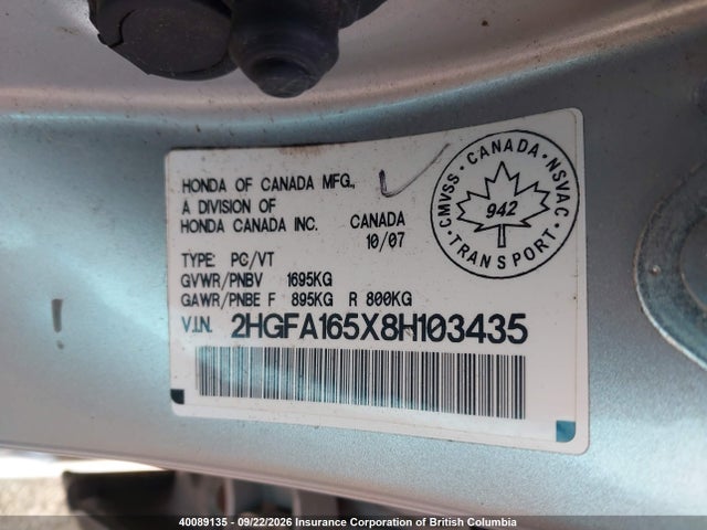 Продажа на аукционе авто 2008 Honda Civic, vin: 2HGFA165X8H103435, номер лота: 40089135