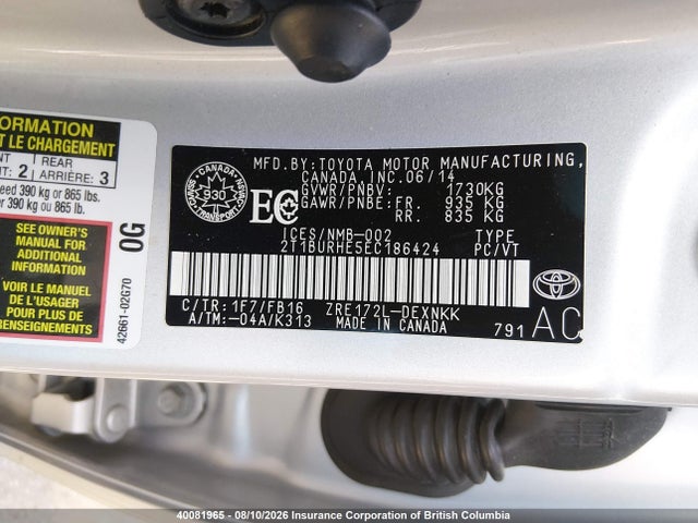 Aukcja sprzedaży 2014 Toyota Corolla L/le/le Pls/prm/s/s Pls, vin: 2T1BURHE5EC186424, numer aukcji: 40081965