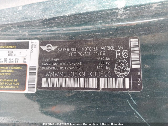 40089149 :رقم المزاد ، WMWML335X9TX33523 vin ، 2009 Mini Cooper Clubman مزاد بيع