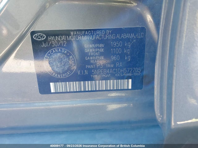 40089177 :رقم المزاد ، 5NPEB4AC1DH572705 vin ، 2013 Hyundai Sonata Gl مزاد بيع