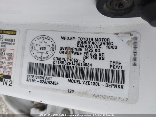 Aukcja sprzedaży 2004 Toyota Corolla Ce/le/s, vin: 2T1BR32E14C815084, numer aukcji: 40089183