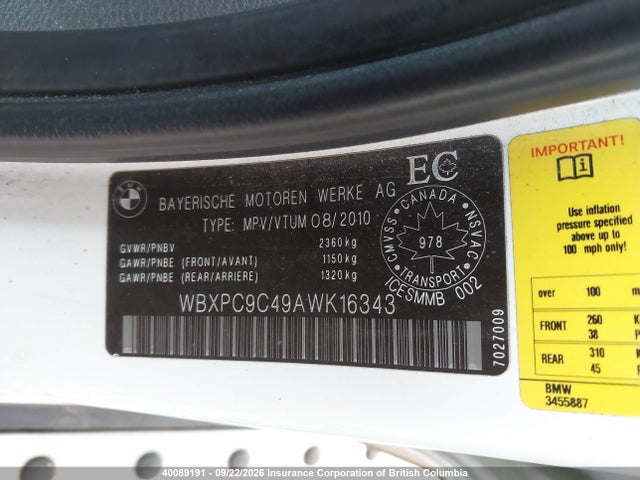 Продаж на аукціоні авто 2010 Bmw X3, vin: WBXPC9C49AWK16343, номер лоту: 40089191