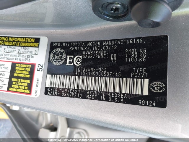 4T1B21HK0JU507145 Toyota Camry