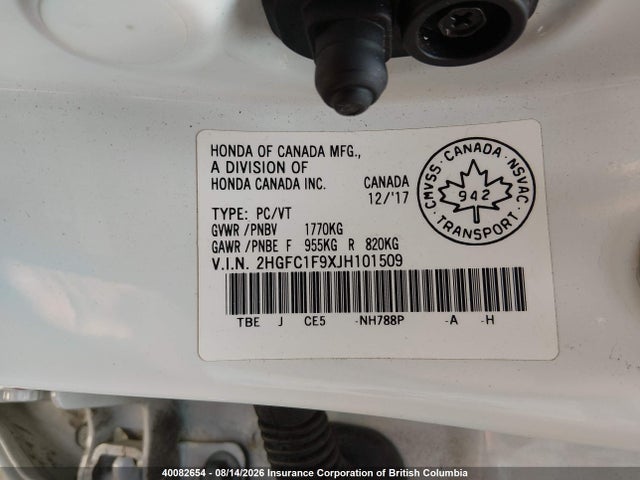 Aukcja sprzedaży 2018 Honda Civic Touring, vin: 2HGFC1F9XJH101509, numer aukcji: 40082654