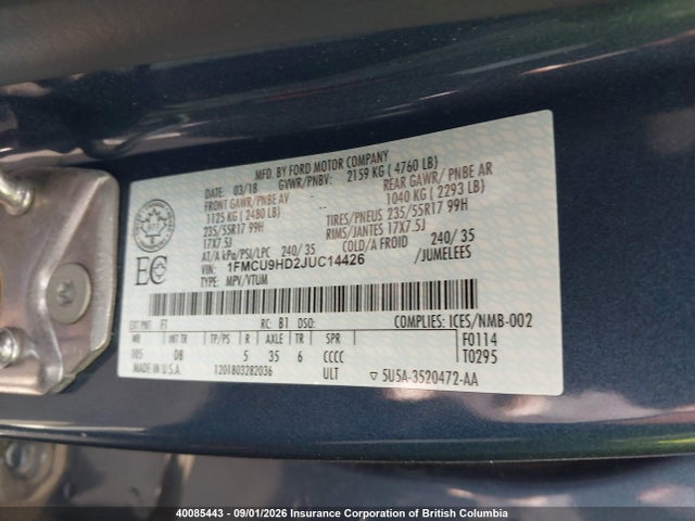 Ford ESCAPE SEL 2018 1FMCU9HD2JUC14426 Image 9