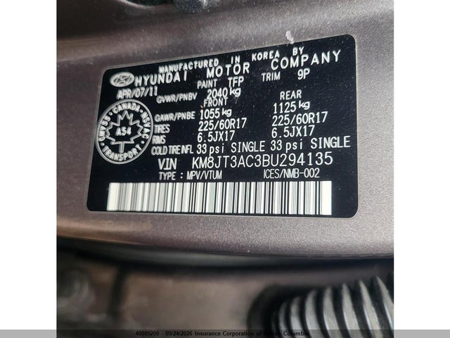 40089200 :رقم المزاد ، KM8JT3AC3BU294135 vin ، 2011 Hyundai Tucson Gl/gls مزاد بيع