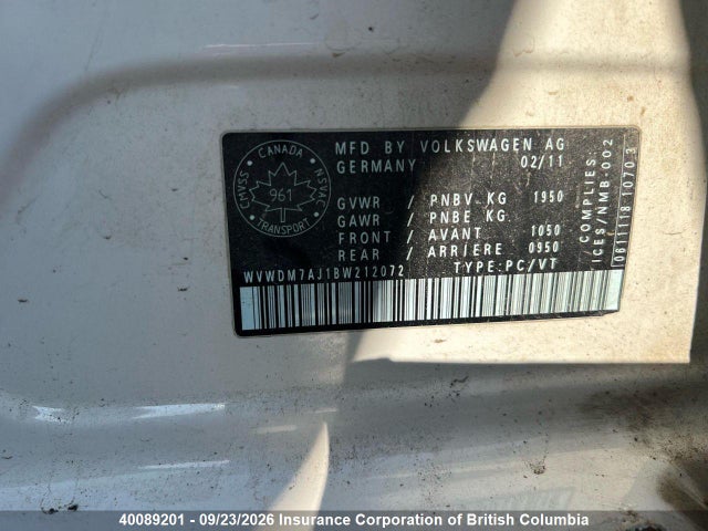 2011 Volkswagen Golf მანქანა იყიდება აუქციონზე, vin: WVWDM7AJ1BW212072, აუქციონის ნომერი: 40089201