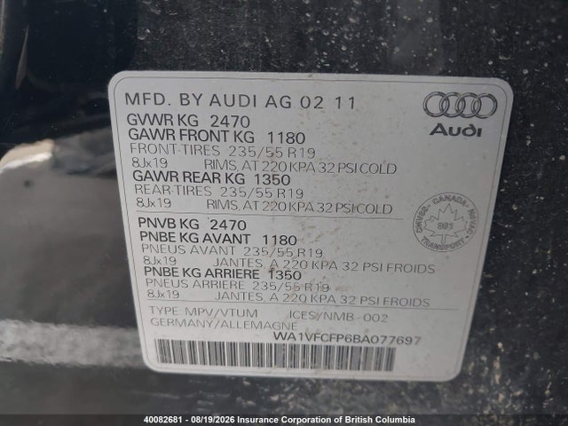 Aukcja sprzedaży 2011 Audi Q5 Prestige, vin: WA1VFCFP6BA077697, numer aukcji: 40082681