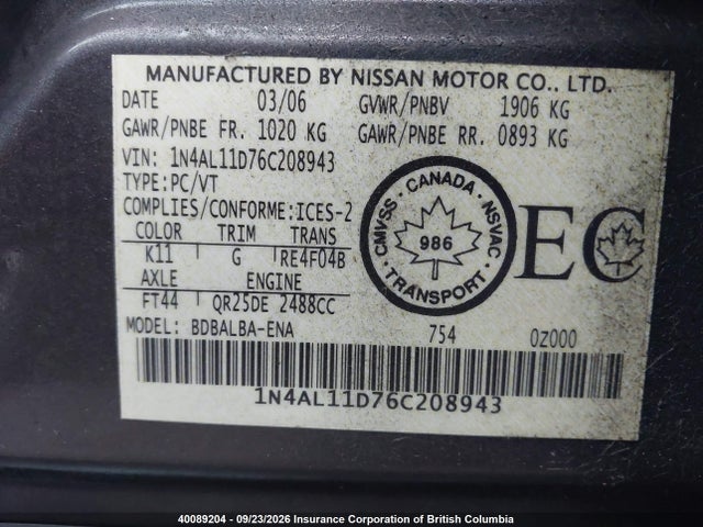 Aukcja sprzedaży 2006 Nissan Altima S/sl, vin: 1N4AL11D76C208943, numer aukcji: 40089204