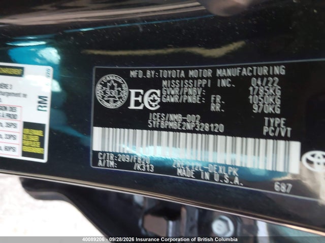 Aukcja sprzedaży 2022 Toyota Corolla Le/xle, vin: 5YFBPMBE2NP328120, numer aukcji: 40089206