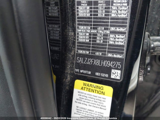 40086042 :رقم المزاد ، SALZJ2FX8LH094275 vin ، 2020 Land Rover Range Rover Evoque S مزاد بيع