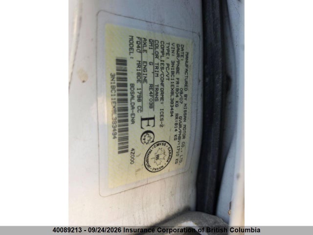 40089213 :رقم المزاد ، 3N1BC11EX8L383494 vin ، 2008 Nissan Versa مزاد بيع