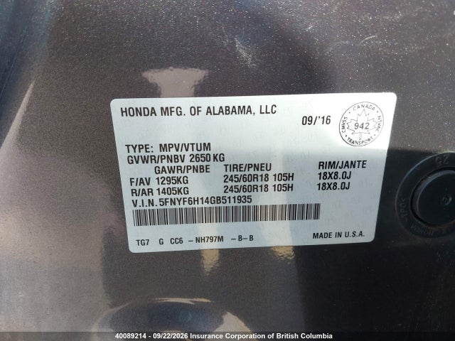 Honda Pilot 2016 5FNYF6H14GB511935 Image 9