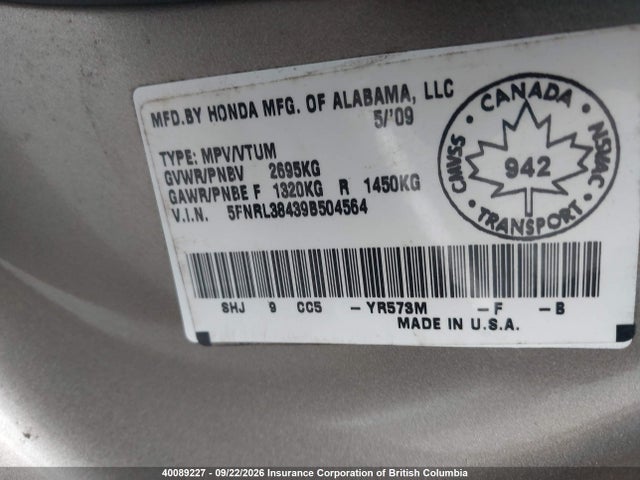 Aukcja sprzedaży 2009 Honda Odyssey Ex, vin: 5FNRL38439B504564, numer aukcji: 40089227