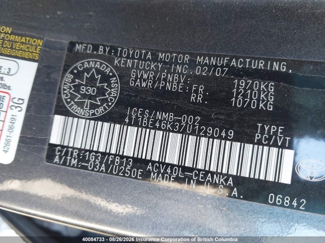 Продажа на аукционе авто 2007 Toyota Camry Ce/le/xle/se, vin: 4T1BE46K37U129049, номер лота: 40084733