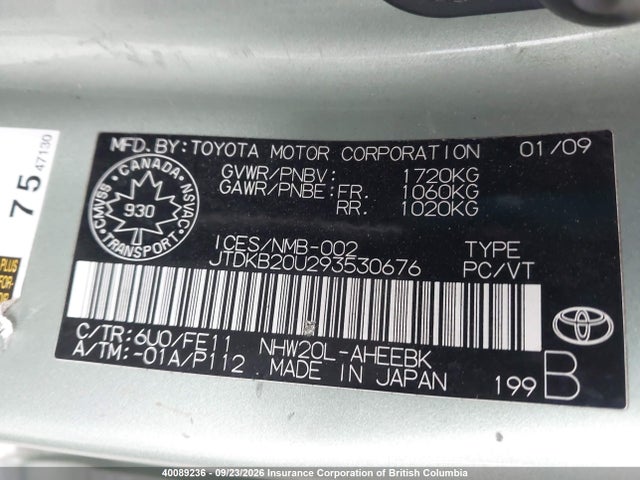 Aukcja sprzedaży 2009 Toyota Prius, vin: JTDKB20U293530676, numer aukcji: 40089236