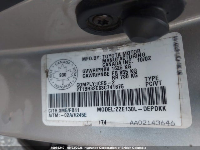 Продаж на аукціоні авто 2003 Toyota Corolla Ce/le/s, vin: 2T1BR32E63C741675, номер лоту: 40089240