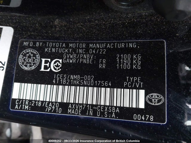 Toyota Camry 2022 4T1B21HK5NU017564 Image 9